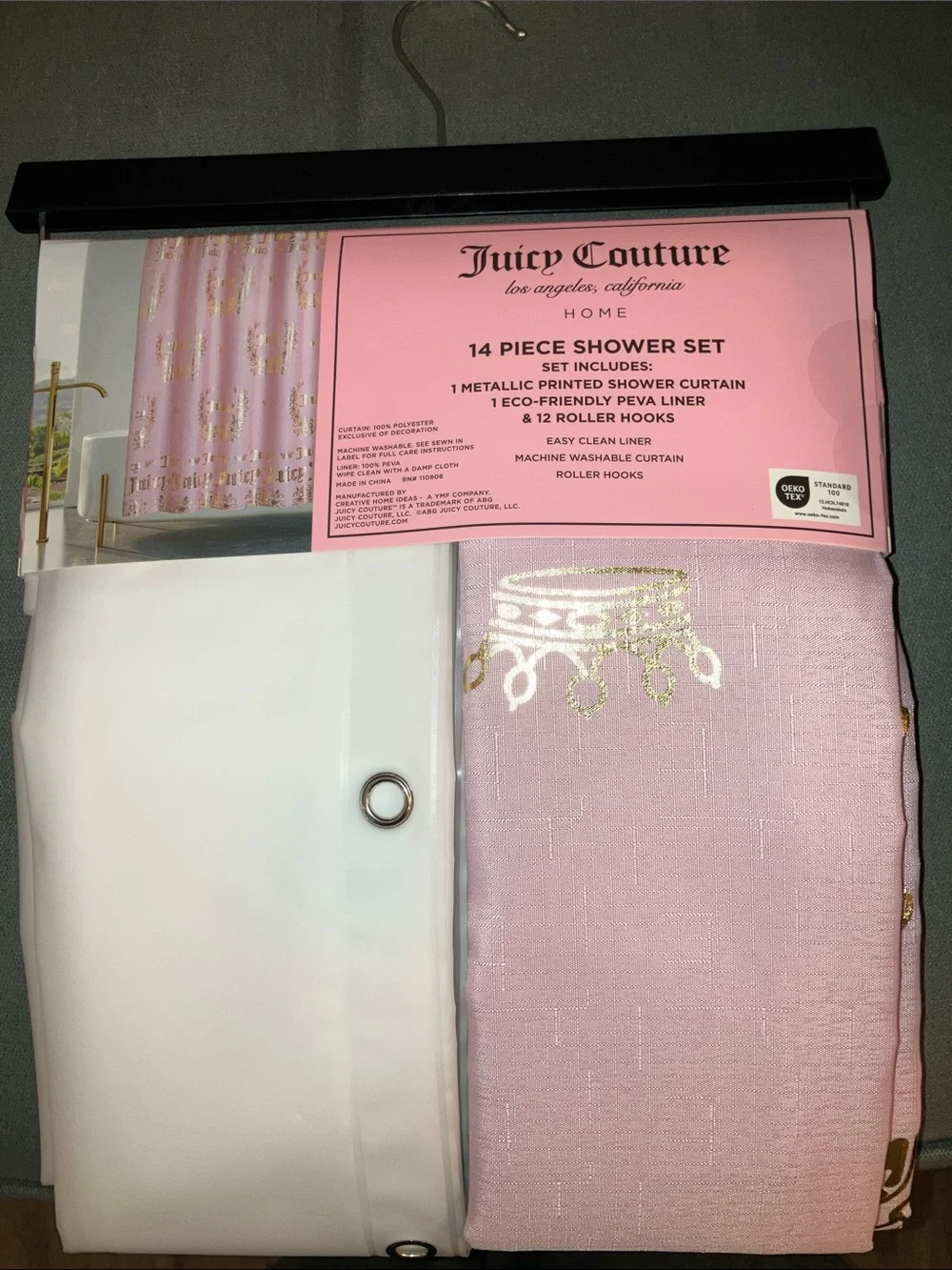 ✨Juicy Couture 14 pc shower set gorgeous pink & gold metallic curtain NWT